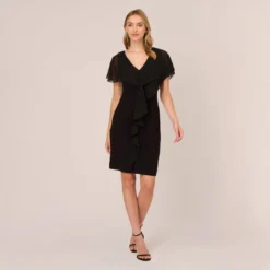 Adrianna Papell Jersey And Chiffon Midi Length Ruffled Sheath Dress In Black -Glam Mirth Sales AP1D104623 AA002 Regular Front