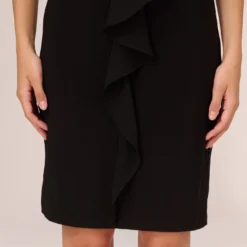 Adrianna Papell Jersey And Chiffon Midi Length Ruffled Sheath Dress In Black -Glam Mirth Sales AP1D104623 AA002 Regular Lifestyle