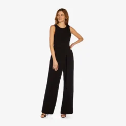 Adrianna Papell Wide-Leg Crepe Jumpsuit With Self-Bows In Black 6 Adrianna Papell Wide-Leg Crepe Jumpsuit With Self-Bows In Black -Glam Mirth Sales AP1D104630 AA002 Regular Alternate