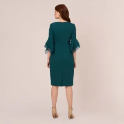 Adrianna Papell Knit Crepe Sheath Dress With Tiered Three Quarter Sleeves In Hunter -Glam Mirth Sales AP1D104631 AE303 Regular Back