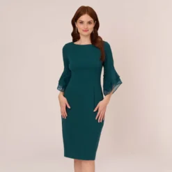 Adrianna Papell Knit Crepe Sheath Dress With Tiered Three Quarter Sleeves In Hunter