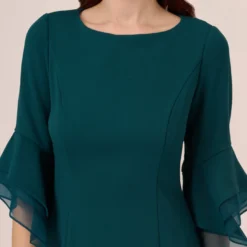 Adrianna Papell Knit Crepe Sheath Dress With Tiered Three Quarter Sleeves In Hunter -Glam Mirth Sales AP1D104631 AE303 Regular Detail