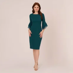 Adrianna Papell Knit Crepe Sheath Dress With Tiered Three Quarter Sleeves In Hunter -Glam Mirth Sales AP1D104631 AE303 Regular Front