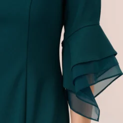 Adrianna Papell Knit Crepe Sheath Dress With Tiered Three Quarter Sleeves In Hunter -Glam Mirth Sales AP1D104631 AE303 Regular Lifestyle