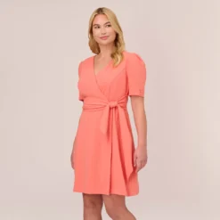 Adrianna Papell Plus Size Crepe Tie-Front A-Line Short Wrap Dress In Peach Blossom