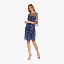 Adrianna Papell Floral Embroidered Sheath Dress With Scalloped Detail In Midnight Multi -Glam Mirth Sales AP1D104637 AE489 Regular Alternate
