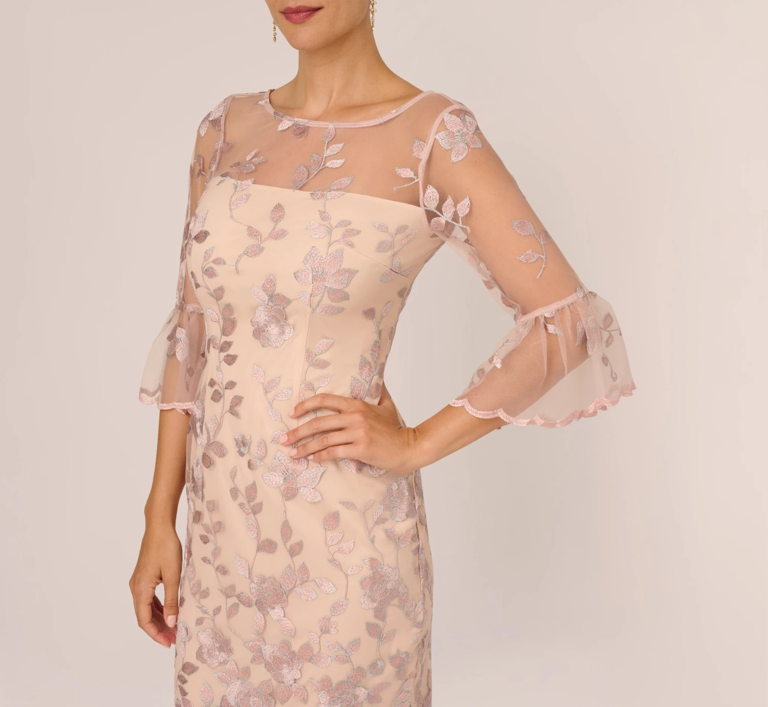 Adrianna Papell Floral Embroidered Sheath Dress With Scalloped Detail In Champagne Multi 3 Adrianna Papell Floral Embroidered Sheath Dress With Scalloped Detail In Champagne Multi - Image 3