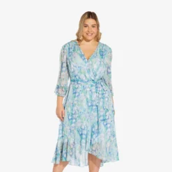 Adrianna Papell Plus Size Floral-Printed Chiffon Short Dress In Blue Multi