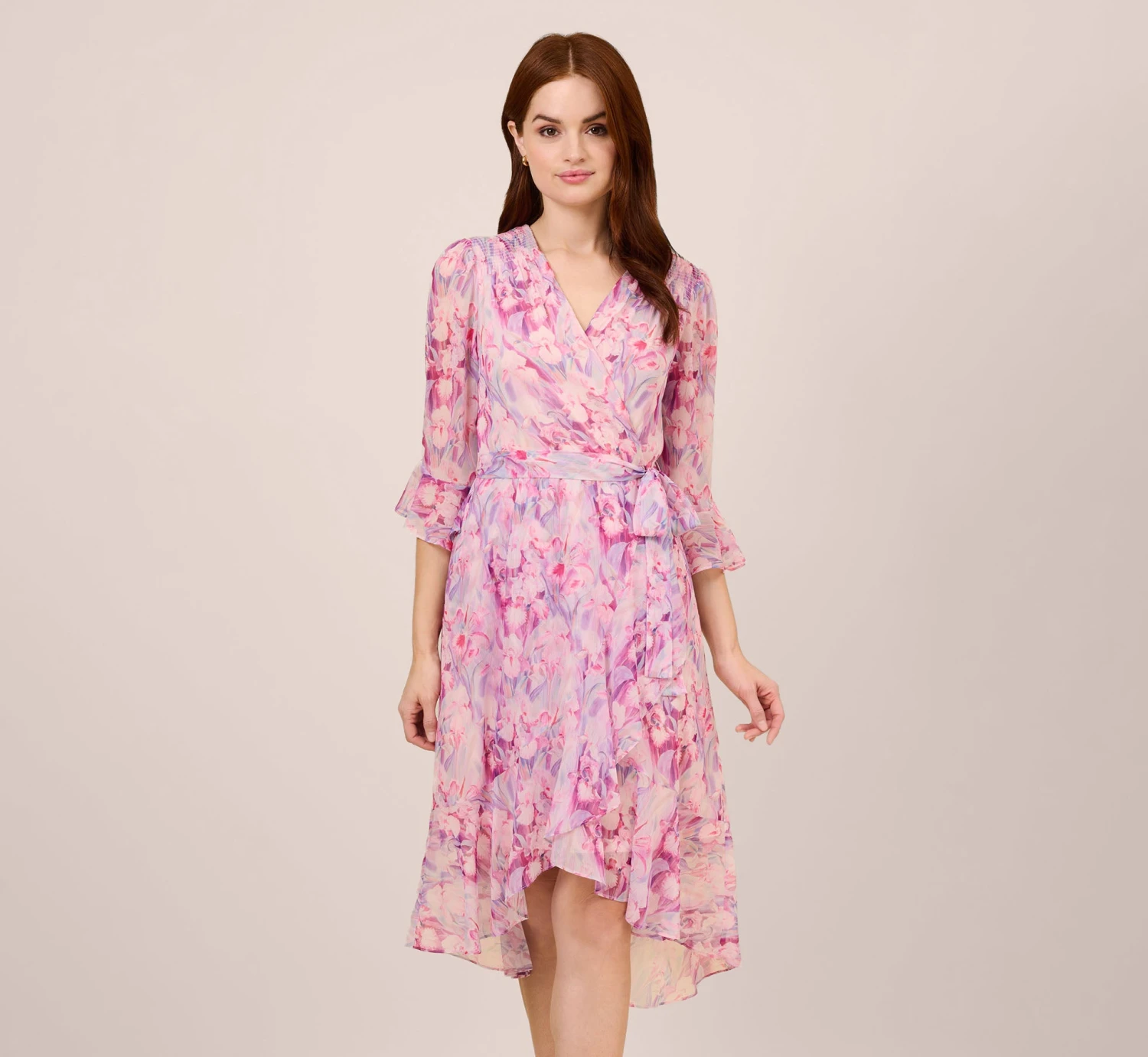Adrianna Papell Floral-Printed Chiffon Short Dress In Pink Multi 1 Adrianna Papell Floral-Printed Chiffon Short Dress In Pink Multi