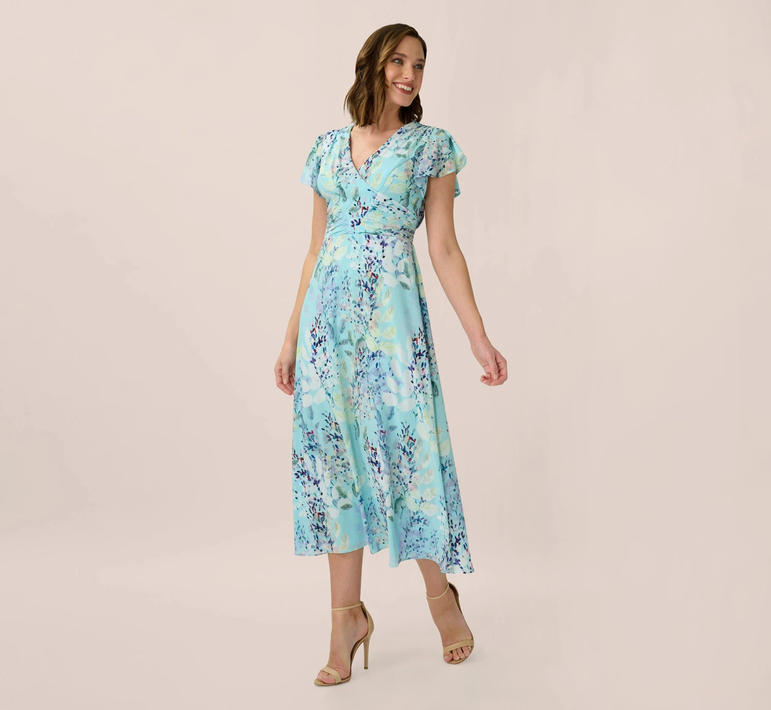 Adrianna Papell Floral-Print Fit-And-Flare Midi-Length Chiffon Dress In Light Blue Multi 3 Adrianna Papell Floral-Print Fit-And-Flare Midi-Length Chiffon Dress In Light Blue Multi - Image 3
