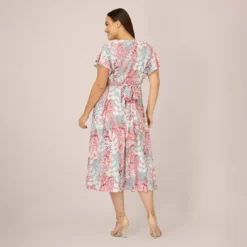 Adrianna Papell Plus Size Floral-Print Fit-And-Flare Midi-Length Chiffon Dress In Aqua Multi 9 Adrianna Papell Plus Size Floral-Print Fit-And-Flare Midi-Length Chiffon Dress In Aqua Multi -Glam Mirth Sales AP1D104656 BZ980 Plus Back
