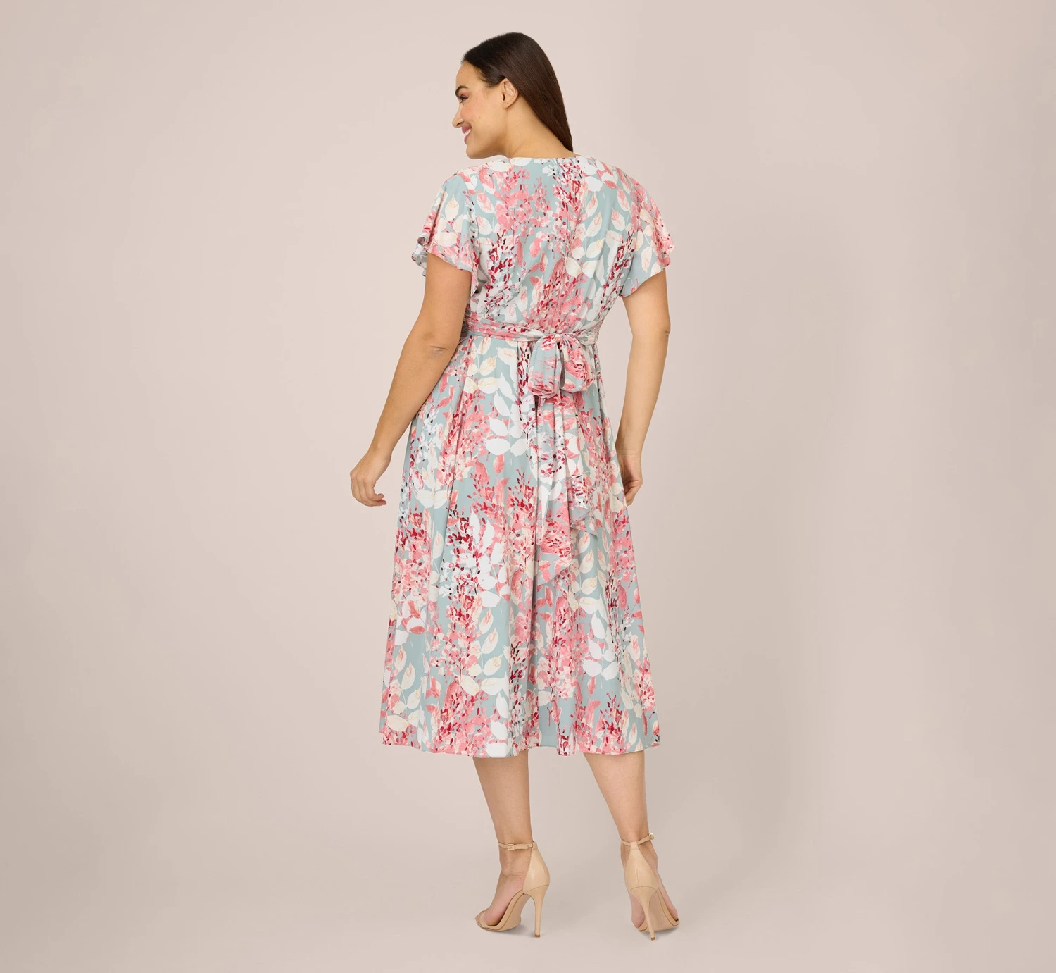 Adrianna Papell Plus Size Floral-Print Fit-And-Flare Midi-Length Chiffon Dress In Aqua Multi 4 Adrianna Papell Plus Size Floral-Print Fit-And-Flare Midi-Length Chiffon Dress In Aqua Multi - Image 4