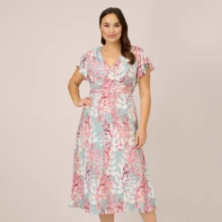 Adrianna Papell Plus Size Floral-Print Fit-And-Flare Midi-Length Chiffon Dress In Aqua Multi
