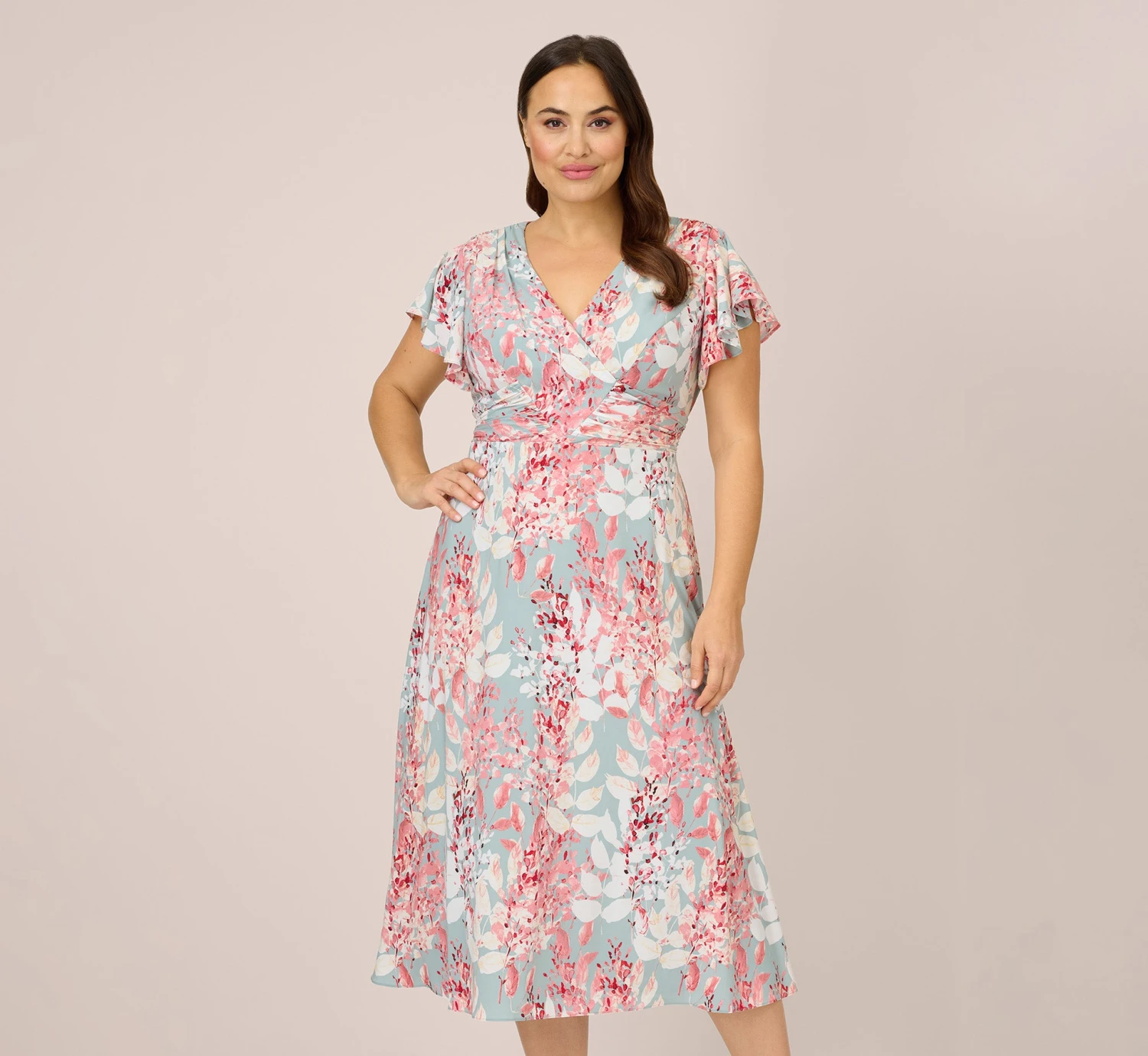 Adrianna Papell Plus Size Floral-Print Fit-And-Flare Midi-Length Chiffon Dress In Aqua Multi 1 Adrianna Papell Plus Size Floral-Print Fit-And-Flare Midi-Length Chiffon Dress In Aqua Multi