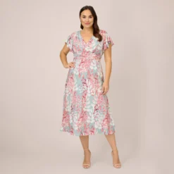 Adrianna Papell Plus Size Floral-Print Fit-And-Flare Midi-Length Chiffon Dress In Aqua Multi 11 Adrianna Papell Plus Size Floral-Print Fit-And-Flare Midi-Length Chiffon Dress In Aqua Multi -Glam Mirth Sales AP1D104656 BZ980 Plus Side