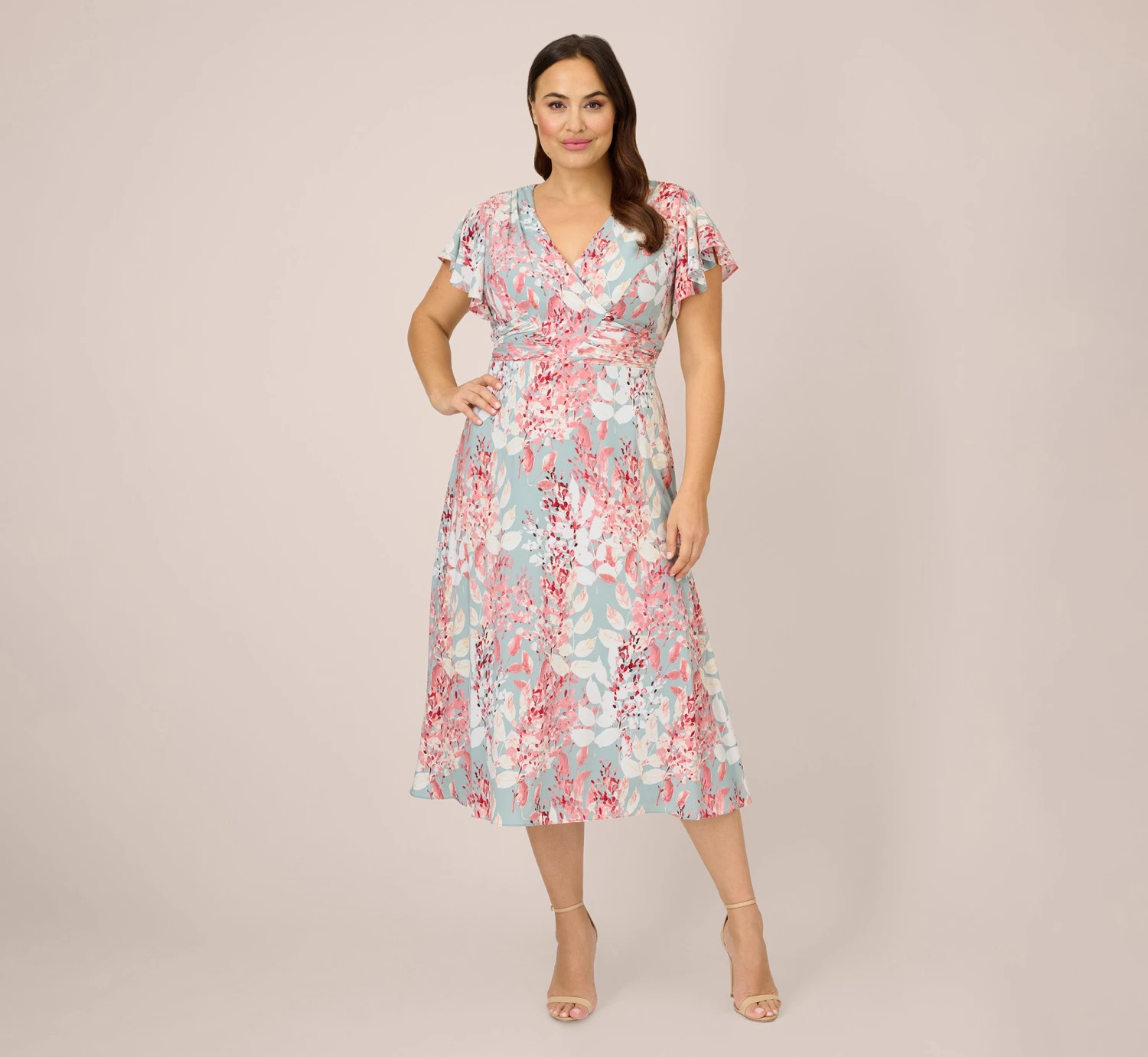 Adrianna Papell Plus Size Floral-Print Fit-And-Flare Midi-Length Chiffon Dress In Aqua Multi 6 Adrianna Papell Plus Size Floral-Print Fit-And-Flare Midi-Length Chiffon Dress In Aqua Multi - Image 6