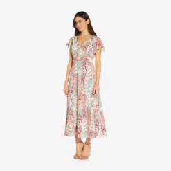 Adrianna Papell Floral-Print Fit-And-Flare Midi-Length Chiffon Dress In Aqua Multi 8 Adrianna Papell Floral-Print Fit-And-Flare Midi-Length Chiffon Dress In Aqua Multi -Glam Mirth Sales AP1D104656 BZ980 Regular Alternate