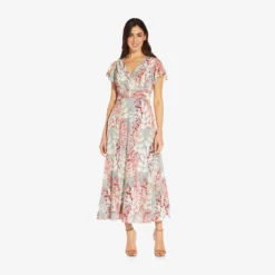Adrianna Papell Floral-Print Fit-And-Flare Midi-Length Chiffon Dress In Aqua Multi