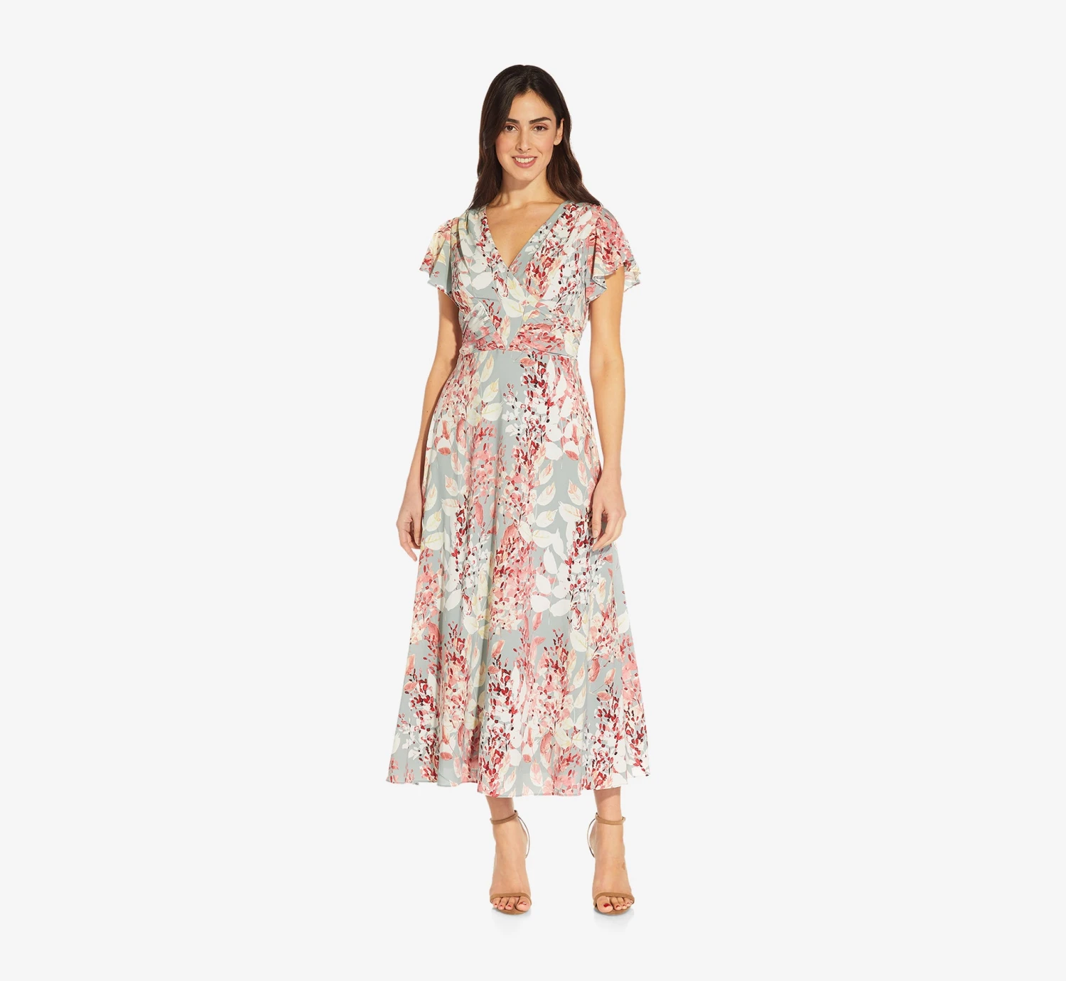 Adrianna Papell Floral-Print Fit-And-Flare Midi-Length Chiffon Dress In Aqua Multi 1 Adrianna Papell Floral-Print Fit-And-Flare Midi-Length Chiffon Dress In Aqua Multi