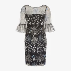 Adrianna Papell Embroidered Three Quarter Sleeve Short Sheath Dress With Bell Sleeves In Blue Multi 10 Adrianna Papell Embroidered Three Quarter Sleeve Short Sheath Dress With Bell Sleeves In Blue Multi -Glam Mirth Sales AP1D104662 AT980 Regular Flat