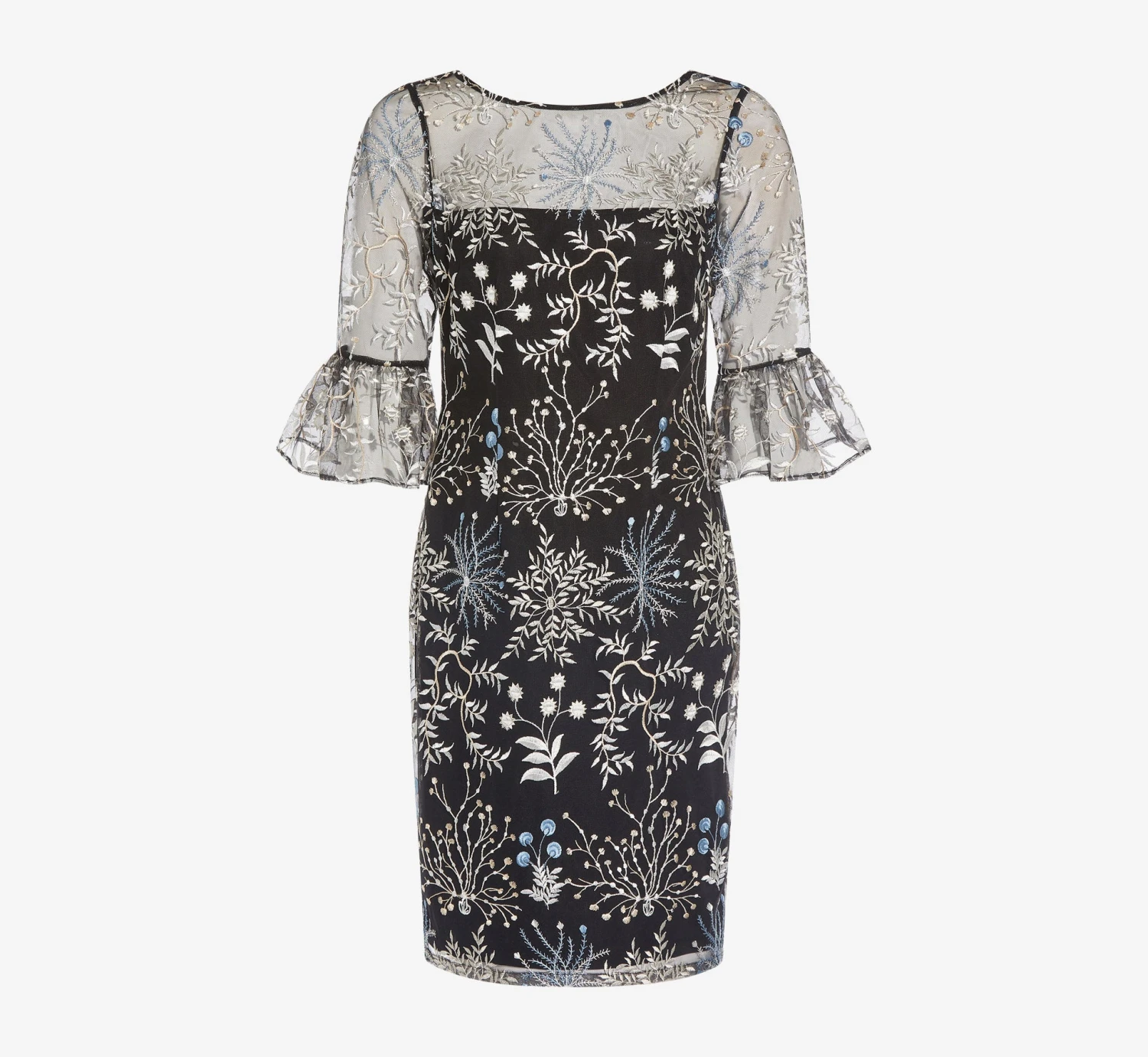 Adrianna Papell Embroidered Three Quarter Sleeve Short Sheath Dress With Bell Sleeves In Blue Multi 5 Adrianna Papell Embroidered Three Quarter Sleeve Short Sheath Dress With Bell Sleeves In Blue Multi - Image 5