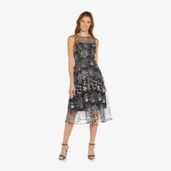 Adrianna Papell Embroidered Midi Length Sleeveless Knit Fit And Flare Dress In Blue Multi -Glam Mirth Sales AP1D104663 AT980 Regular Side