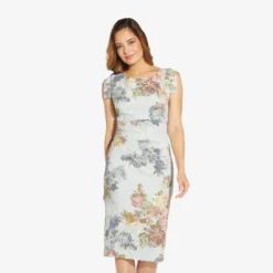 Adrianna Papell Metallic Floral Matelasse Midi-Length Sheath Cocktail Dress In Sky Blue Multi