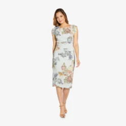 Adrianna Papell Metallic Floral Matelasse Midi-Length Sheath Cocktail Dress In Sky Blue Multi -Glam Mirth Sales AP1D104664 AF986 Regular Side