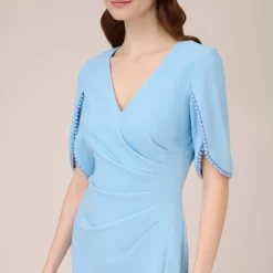 Adrianna Papell Pearl Embellished Knit Crepe Sheath Dress In Elegant Sky 6 Adrianna Papell Pearl Embellished Knit Crepe Sheath Dress In Elegant Sky -Glam Mirth Sales AP1D104679 AC497 Regular Detail