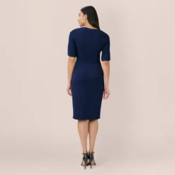 Adrianna Papell Pearl Embellished Knit Crepe Sheath Dress In Navy Sateen -Glam Mirth Sales AP1D104679 AK412 Regular Back