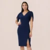 Adrianna Papell Pearl Embellished Knit Crepe Sheath Dress In Navy Sateen