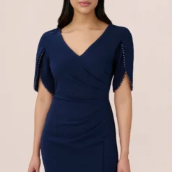 Adrianna Papell Pearl Embellished Knit Crepe Sheath Dress In Navy Sateen -Glam Mirth Sales AP1D104679 AK412 Regular Detail