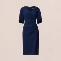 Adrianna Papell Pearl Embellished Knit Crepe Sheath Dress In Navy Sateen -Glam Mirth Sales AP1D104679 AK412 Regular Flat