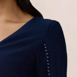 Adrianna Papell Pearl Embellished Knit Crepe Sheath Dress In Navy Sateen -Glam Mirth Sales AP1D104679 AK412 Regular Lifestyle