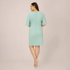 Adrianna Papell Plus Size Pearl Embellished Knit Crepe Sheath Dress In Cloudy Aqua 7 Adrianna Papell Plus Size Pearl Embellished Knit Crepe Sheath Dress In Cloudy Aqua -Glam Mirth Sales AP1D104679 AK484 Plus Back