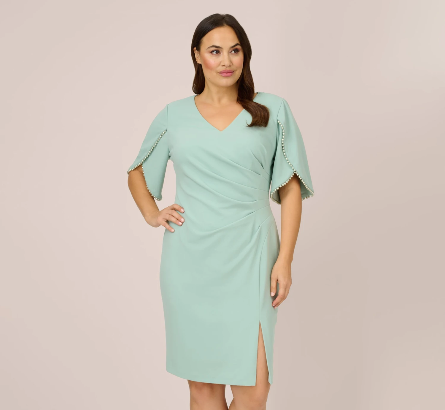 Adrianna Papell Plus Size Pearl Embellished Knit Crepe Sheath Dress In Cloudy Aqua 1 Adrianna Papell Plus Size Pearl Embellished Knit Crepe Sheath Dress In Cloudy Aqua