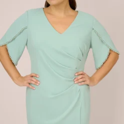 Adrianna Papell Plus Size Pearl Embellished Knit Crepe Sheath Dress In Cloudy Aqua 6 Adrianna Papell Plus Size Pearl Embellished Knit Crepe Sheath Dress In Cloudy Aqua -Glam Mirth Sales AP1D104679 AK484 Plus Detail