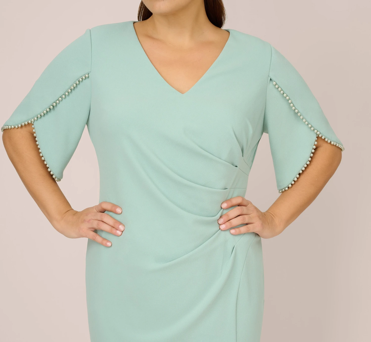 Adrianna Papell Plus Size Pearl Embellished Knit Crepe Sheath Dress In Cloudy Aqua 3 Adrianna Papell Plus Size Pearl Embellished Knit Crepe Sheath Dress In Cloudy Aqua - Image 3