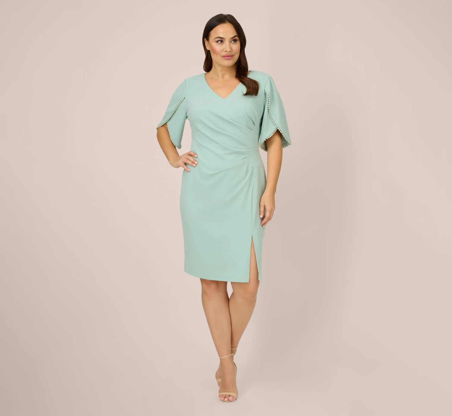 Adrianna Papell Plus Size Pearl Embellished Knit Crepe Sheath Dress In Cloudy Aqua 2 Adrianna Papell Plus Size Pearl Embellished Knit Crepe Sheath Dress In Cloudy Aqua - Image 2