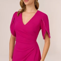 Adrianna Papell Pearl Embellished Knit Crepe Sheath Dress In Hot Orchid 9 Adrianna Papell Pearl Embellished Knit Crepe Sheath Dress In Hot Orchid -Glam Mirth Sales AP1D104679 BA670 Regular Detail