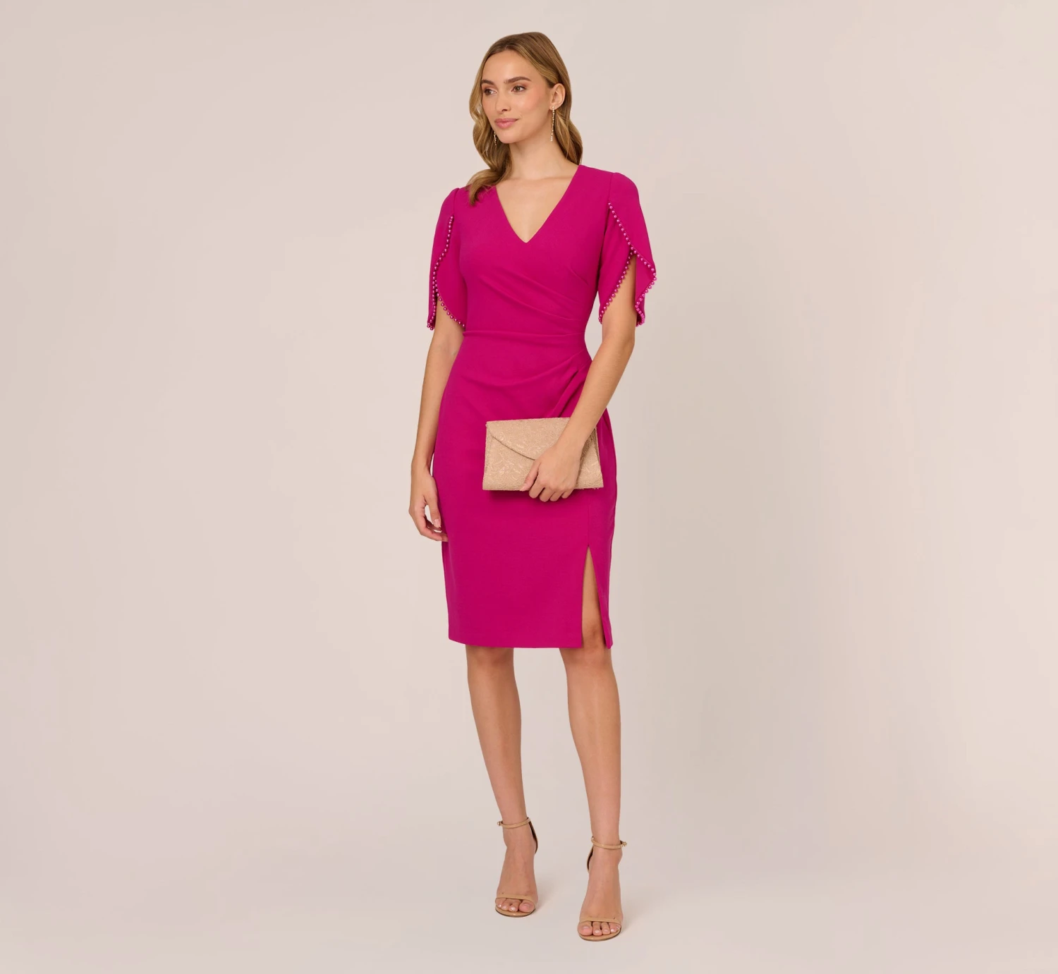 Adrianna Papell Pearl Embellished Knit Crepe Sheath Dress In Hot Orchid 2 Adrianna Papell Pearl Embellished Knit Crepe Sheath Dress In Hot Orchid - Image 2