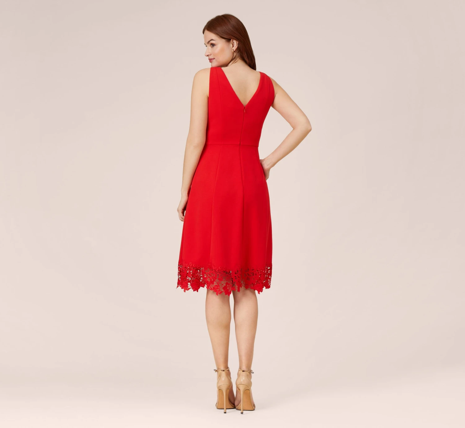 Adrianna Papell Stretch Knit Crepe Midi-Length Fit-And-Flare Dress With Lace Trim In Cherry Bliss 4 Adrianna Papell Stretch Knit Crepe Midi-Length Fit-And-Flare Dress With Lace Trim In Cherry Bliss - Image 4