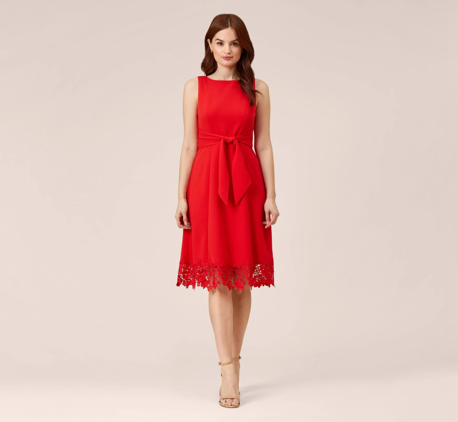 Adrianna Papell Stretch Knit Crepe Midi-Length Fit-And-Flare Dress With Lace Trim In Cherry Bliss 2 Adrianna Papell Stretch Knit Crepe Midi-Length Fit-And-Flare Dress With Lace Trim In Cherry Bliss - Image 2
