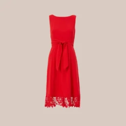 Adrianna Papell Stretch Knit Crepe Midi-Length Fit-And-Flare Dress With Lace Trim In Cherry Bliss 13 Adrianna Papell Stretch Knit Crepe Midi-Length Fit-And-Flare Dress With Lace Trim In Cherry Bliss -Glam Mirth Sales AP1D104683 AJ612 Regular Flat