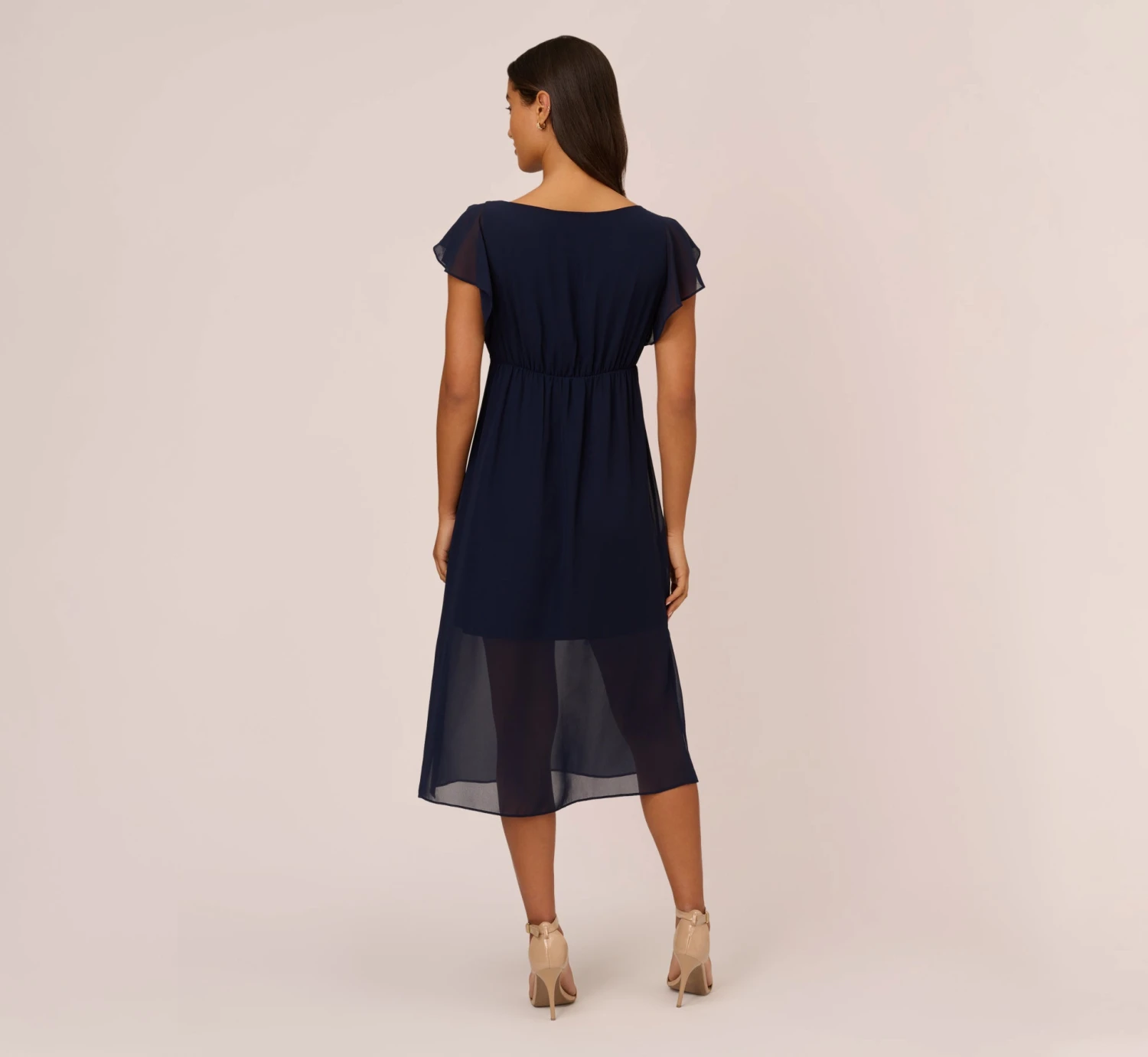 Adrianna Papell Chiffon And Jersey Midi-Length Dress With Side Slits In Navy 4 Adrianna Papell Chiffon And Jersey Midi-Length Dress With Side Slits In Navy - Image 4