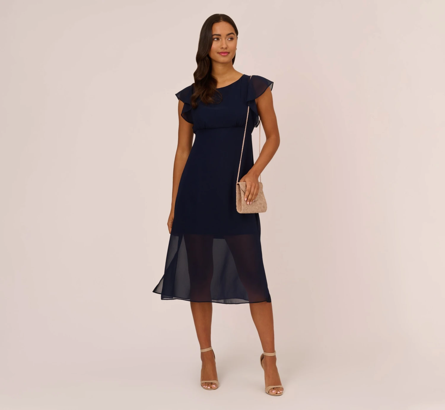 Adrianna Papell Chiffon And Jersey Midi-Length Dress With Side Slits In Navy 2 Adrianna Papell Chiffon And Jersey Midi-Length Dress With Side Slits In Navy - Image 2