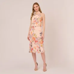 Adrianna Papell Floral-Print Chiffon Midi-Length Blouson Halter Dress In Sandshell Multi