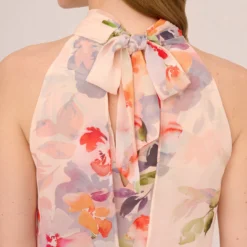 Adrianna Papell Floral-Print Chiffon Midi-Length Blouson Halter Dress In Sandshell Multi -Glam Mirth Sales AP1D104707 AE104 Regular Lifestyle