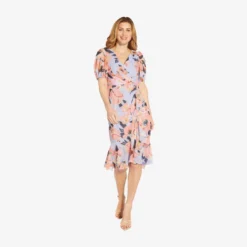 Adrianna Papell Floral-Printed Clip Dot Chiffon Midi-Length Cocktail Dress In Opal Coral Multi -Glam Mirth Sales AP1D104709 AG498 Regular Alternate