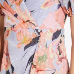 Adrianna Papell Floral-Printed Clip Dot Chiffon Midi-Length Cocktail Dress In Opal Coral Multi -Glam Mirth Sales AP1D104709 AG498 Regular Detail